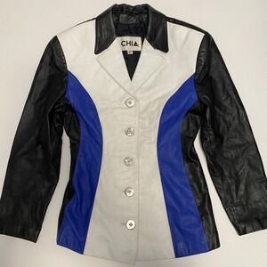 Vintage‎ 80s Chia Women's Colorblock Genuine Leather Jacket M Retro Tailored
